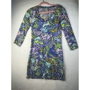 Lilly Pulitzer Christie Cat Print Dress Cattitude V-Neck LS Pima Cotton XXS
